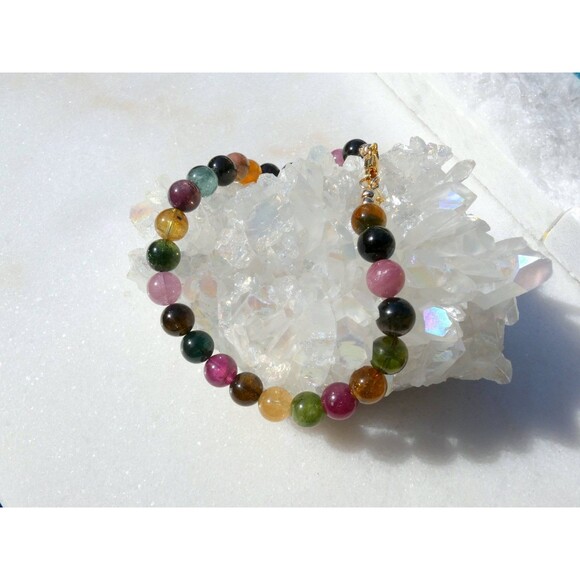 Natural Watermelon Tourmaline - 6mm Gold Beaded Bracelet  Colorful Gemstones - Picture 5 of 6